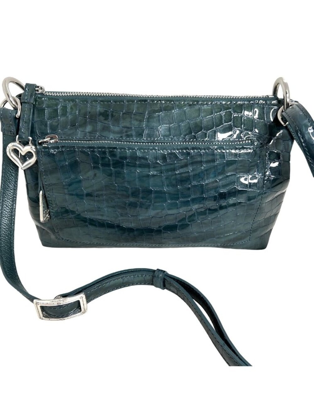 BRIGHTON Green Patent Leather Croc-Embossed Crossbody Bag W/Heart Charm